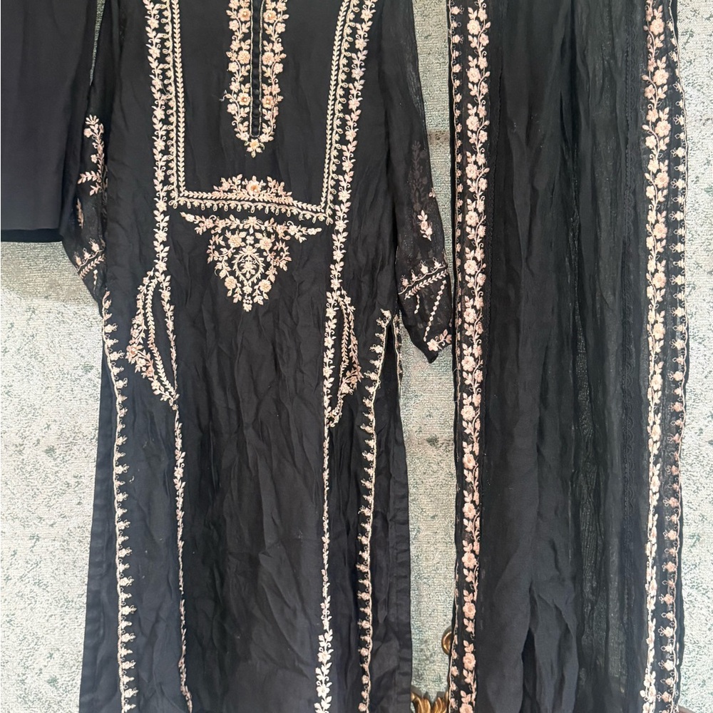 Pakistani Indian Black Embroidered Dress with Matching dubatta